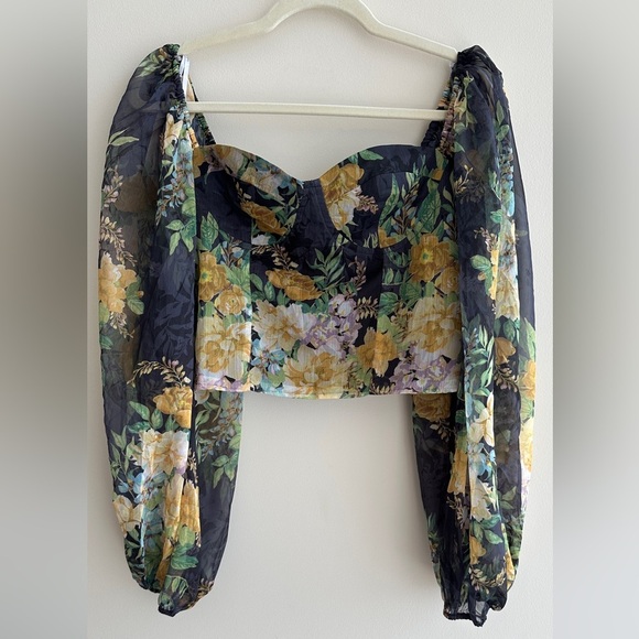 Lulu’s Floral Puff Sleeve Corset Crop Top, Smocked Sweetheart Blouse, Small - Picture 1 of 16